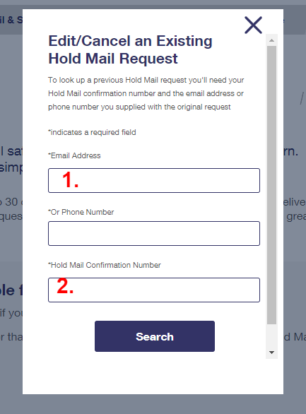 enter required fields for holding mails